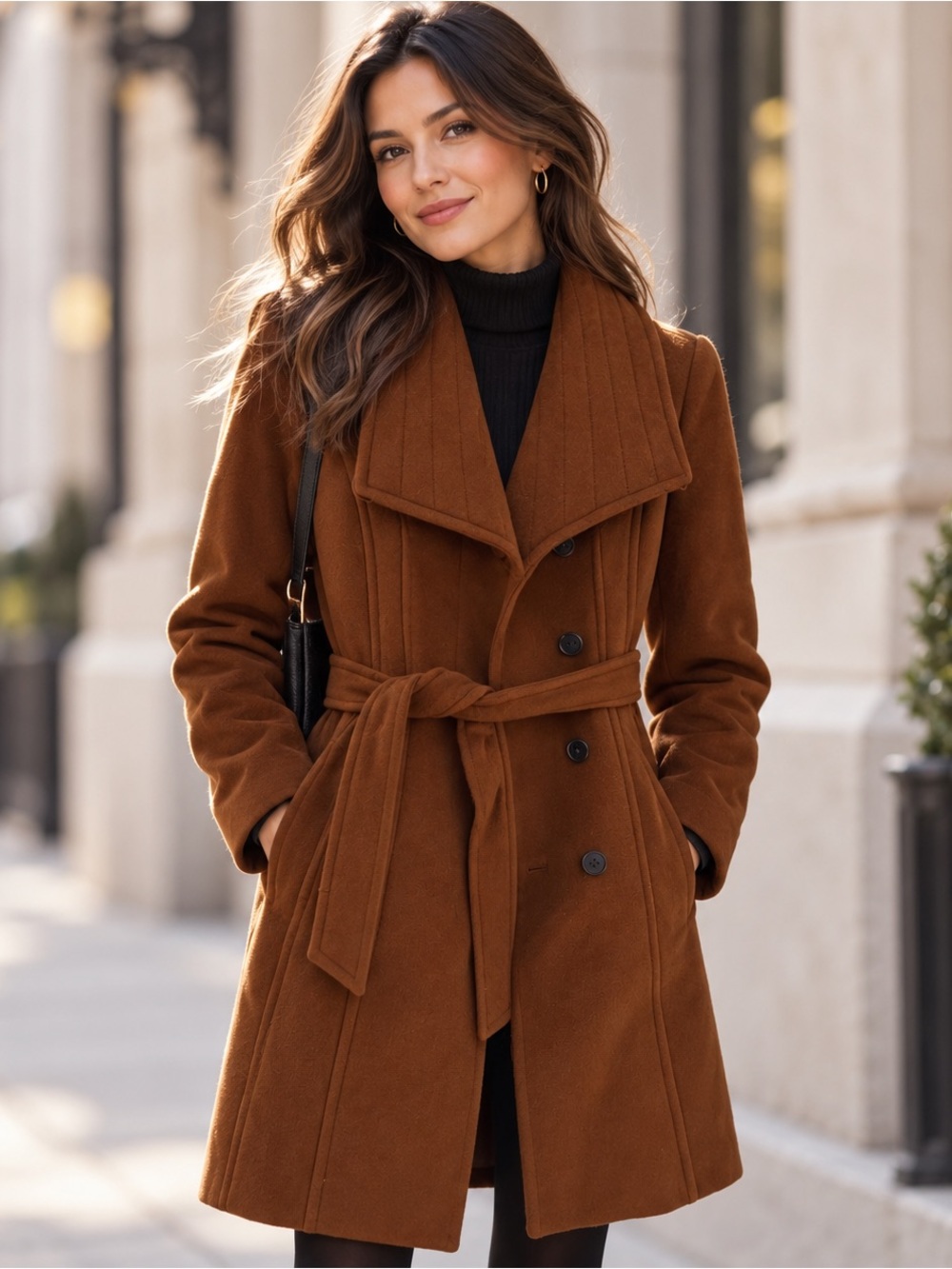 Womens Cognac/Camel Belted Wool-Blend Coat